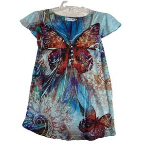 Unity Shirt Womens Small Petite Blue Butterfly Sublimation‎ Blouse Ruched Y2K